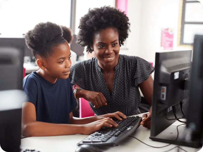 mother and daughter on the desktop